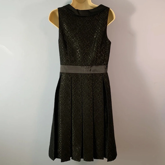 DEMOISELLE size 6 jacquard pleated midi dress black satin waist scoop neck - Picture 5 of 11